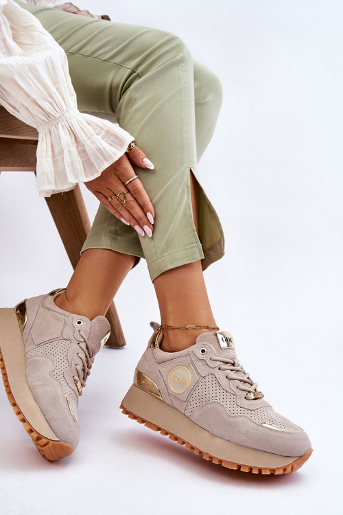 Damskie Zamszowe Buty Sportowe Na Platformie GOE LL2N4001 Beżowe