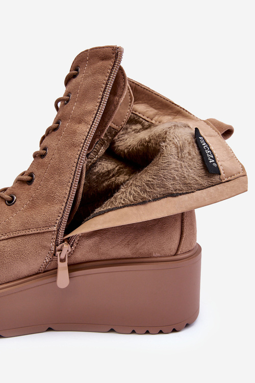 Zamszowe Botki Workery Na Masywnej Platformie Koturnie Beżowe Lavica