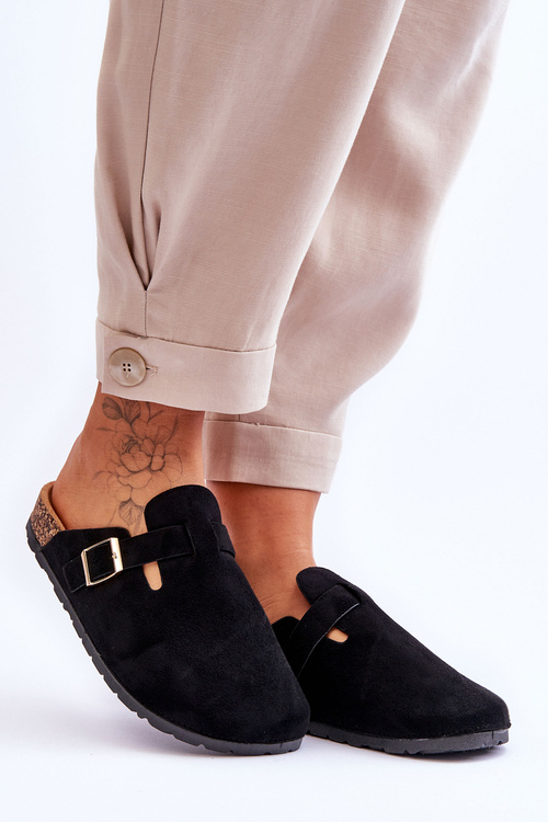 Zamszowe Klapki Na Korkowej Platformie Czarne Vellma