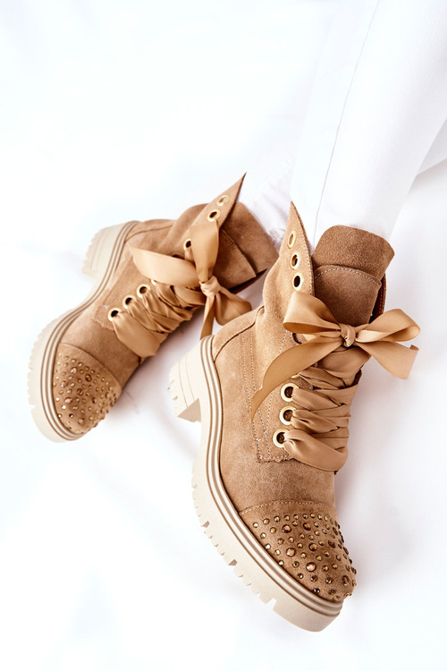 Zamszowe Botki Workery Lewski Shoes Wiązane 3069 Piaskowe