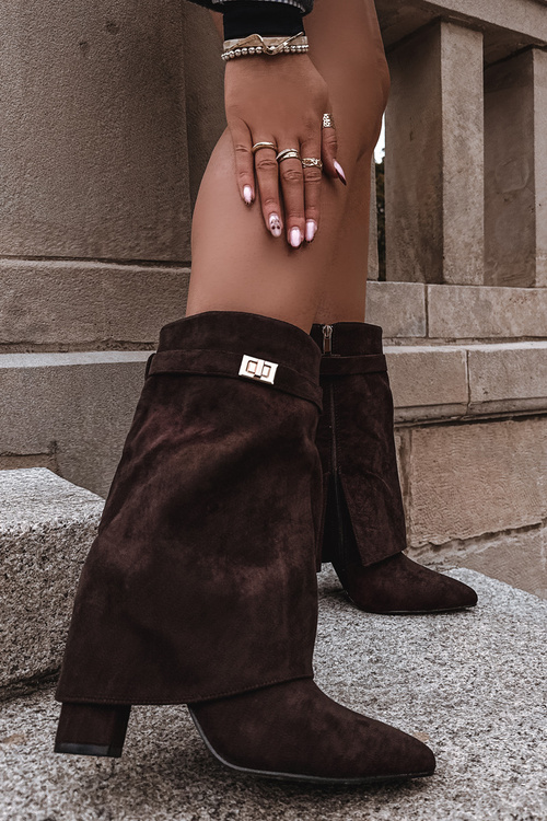 Ocieplane Botki Damskie Na Słupku Z Ozdobnym Paskiem Czekoladowe Luvielle