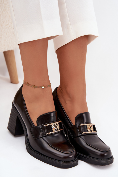 Półbuty Damskie Na Słupku Ze Złotym Detalem Czekoladowe Privelle