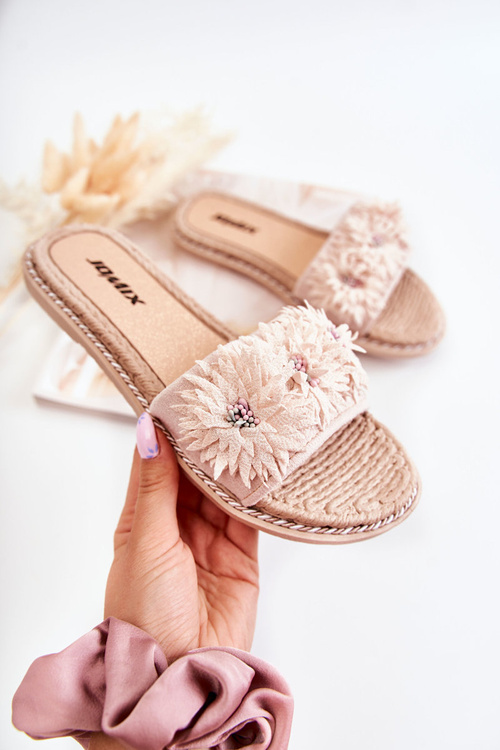 Damskie Klapki Z Materiałowymi Kwiatami Beżowe Susana