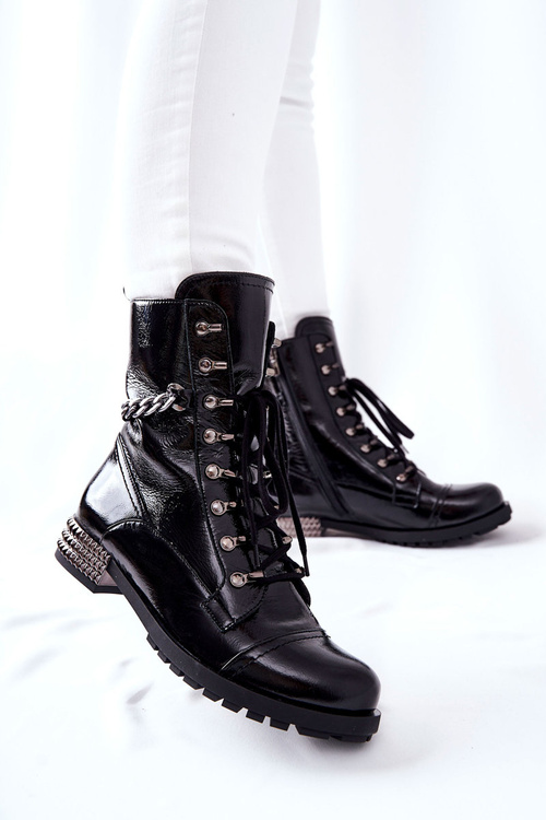 Skórzane Botki Workery Laura Messi Czarne 2209