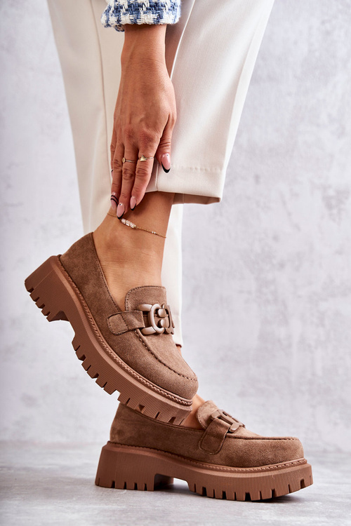 Damskie Półbuty Zamszowe Z Ozdobą Ciemnobeżowe Leeza