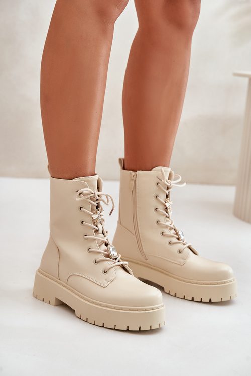 Ocieplane Botki Workery Damskie Z Przypinkami Beżowe Avorira