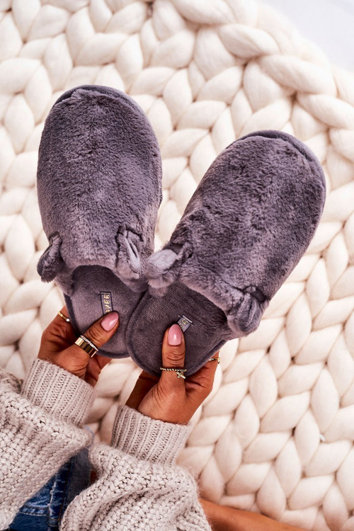 Damskie Futrzane Papcie Z Uszami Szare Hippo