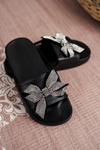 Dziecięce Klapki Dziewczęce Czarne Cyrkonie Kokardka Jomoga