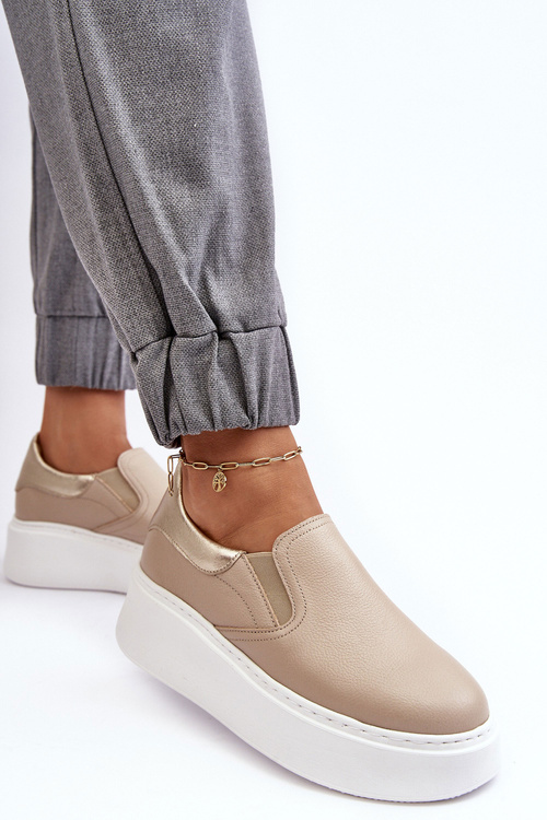 Skórzane Buty Sportowe Damskie na Platformie Beżowe Lemar Manish