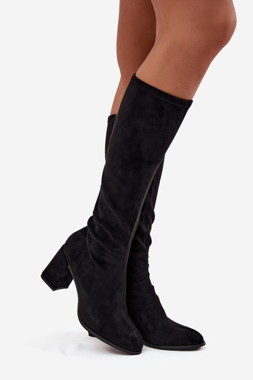 Kozaki Damskie Na Słupku Z Eko Zamszu Czarne Yelisse