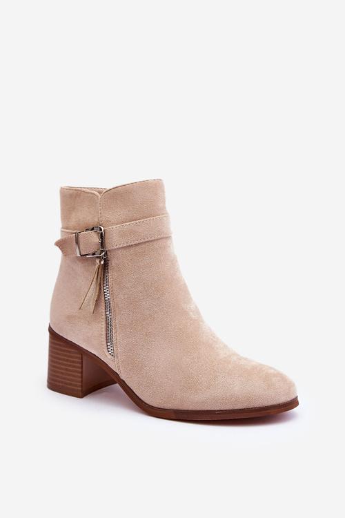 Zamszowe Botki Na Obcasie Z Klamrą Beżowe Bronte