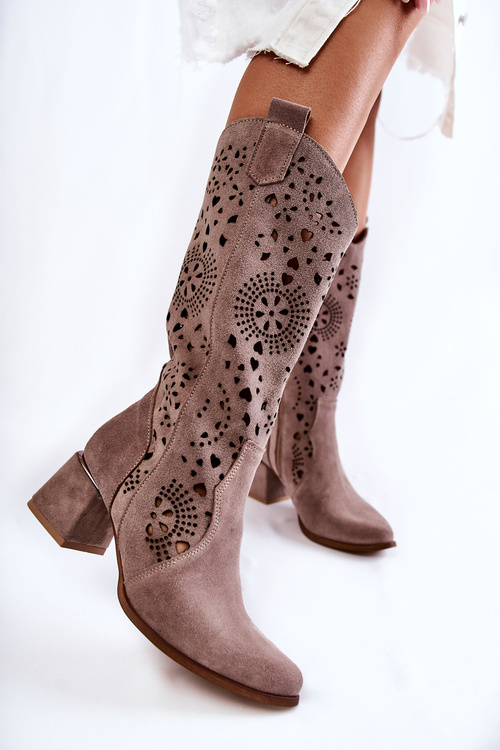 Zamszowe Kozaki Ażurowe Lewski Shoes 3171 Cappucino