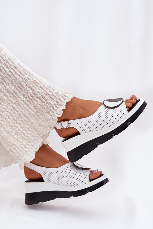 Skórzane Sandały Damskie Na Koturnie Z Ozdobą S.Barski LR51-788 Białe