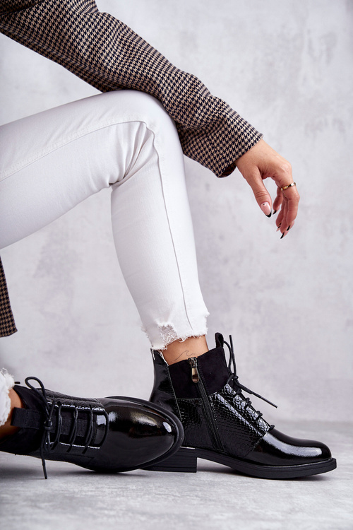 Lakierowane Ocieplane Botki Sznurowane Czarne Cathrine