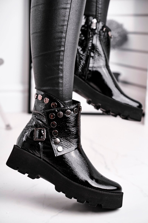 Damskie Botki Skórzane Lakierowane Czarne Exquisite 1199