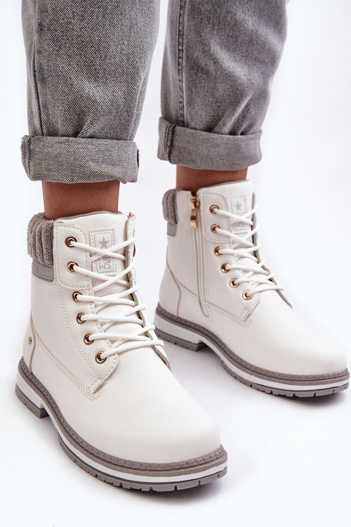 Damskie Skórzane Trapery Ocieplane Białe Katalis