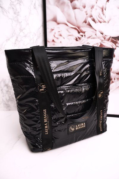 Duża Torba Shopper LAURA BIAGGI Czarna Złote Logo