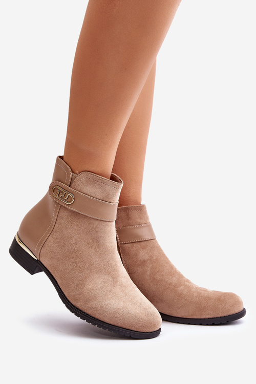 Ocieplane Botki Damskie Na Płaskim Obcasie Ze Złotym Detalem Beżowe Ravasira