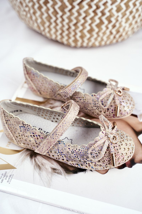 Dziecięce Beżowe Ażurowe Balerinki na Rzep Barski Remtro