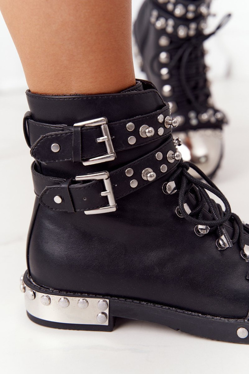 Damskie Ocieplane Botki Workery Z Dżetami Czarne Lu Boo