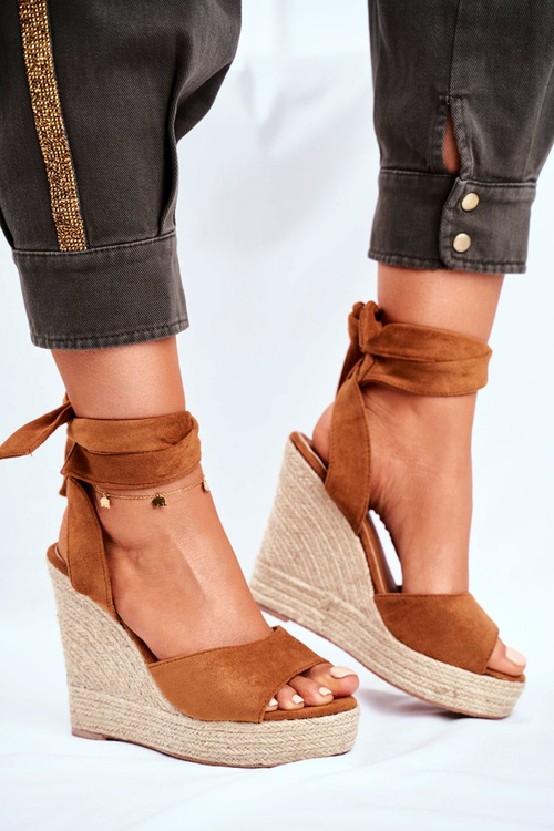 Sandały Damskie Na Koturnie Wiązane Camel Belleza