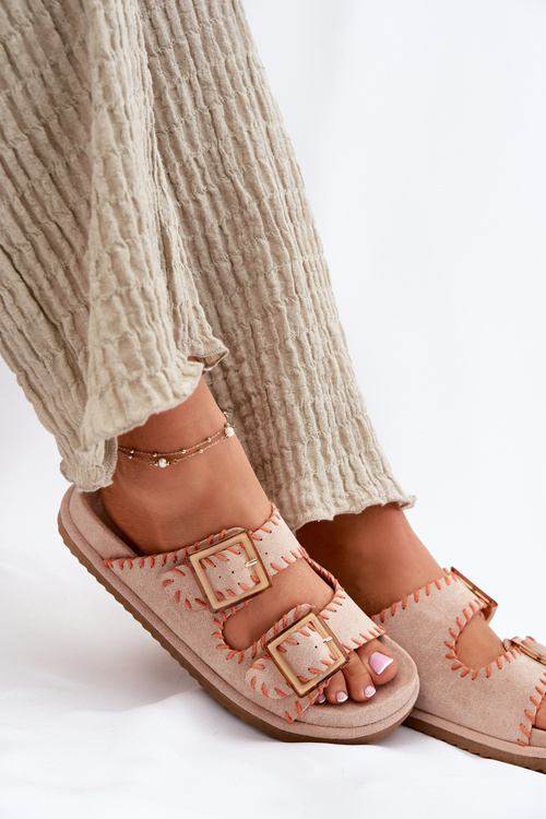 Klapki Damskie Z Klamrami I Ozdobnym Obszyciem Beżowe Visley