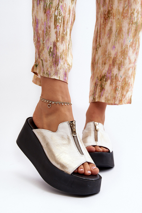 Zazoo 2916 Damskie Klapki Na Masywnej Platformie Z Suwakiem Złote