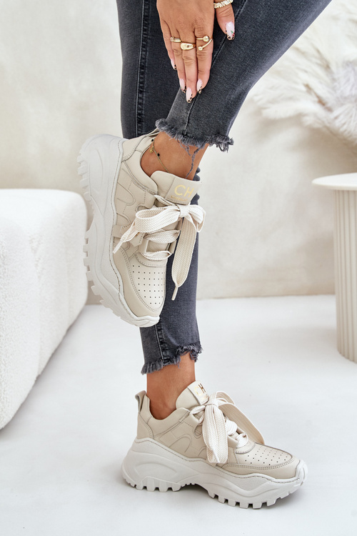 Damskie Skórzane Sneakersy Beżowe CheBello 4583