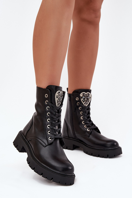 Botki Workery Z Biżuteryjną Ozdobą Ocieplane Eko Skórzane Czarne Miryssa