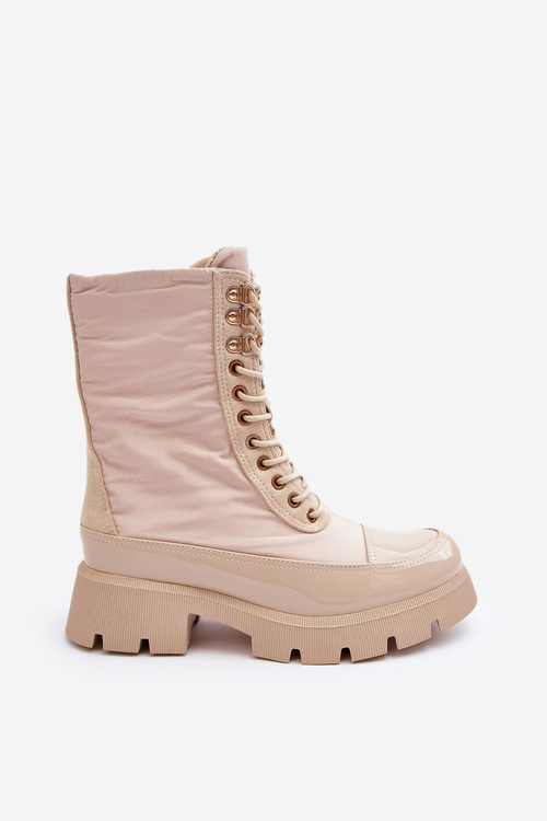 Ocieplane Botki Workery Na Płaskim Obcasie Beżowe Saranema