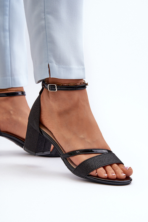 Brokatowe Sandały Damskie Na Niskim Słupku Czarne Ploemis