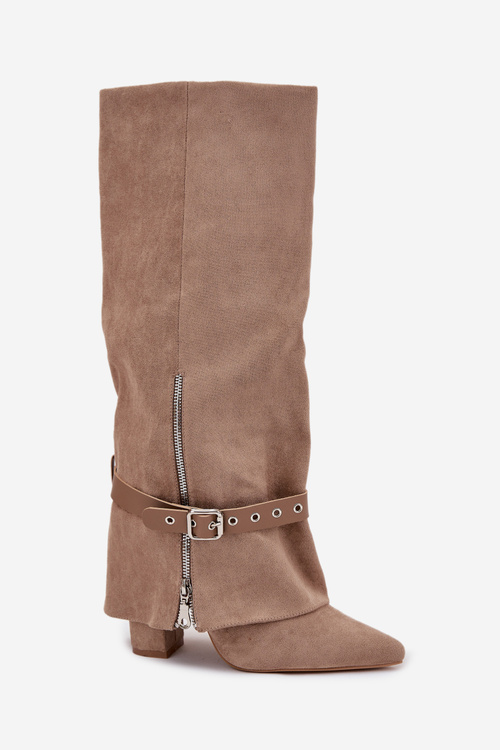 Kozaki Damskie Wsuwane Na Słupku Z Ozdobnym Paskiem Beżowe Jolivine