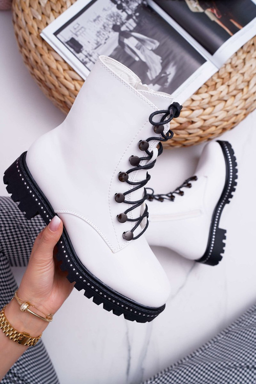 Botki Damskie Płaski Obcas Wysokie Glany Białe Buena