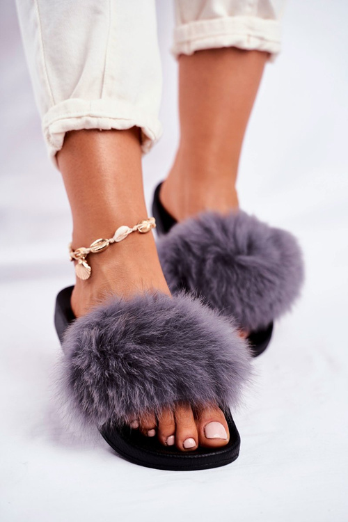 Damskie Klapki z Futerkiem Szare Belmondo