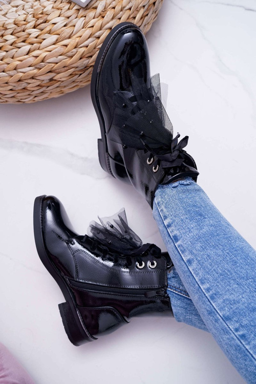 Botki Damskie Lakierowane Płaskie Czarne Barski 39-2