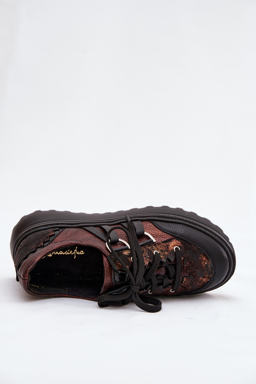 Skórzane Sneakersy Damskie Na Platformie Maciejka 06562-25 Czekoladowe