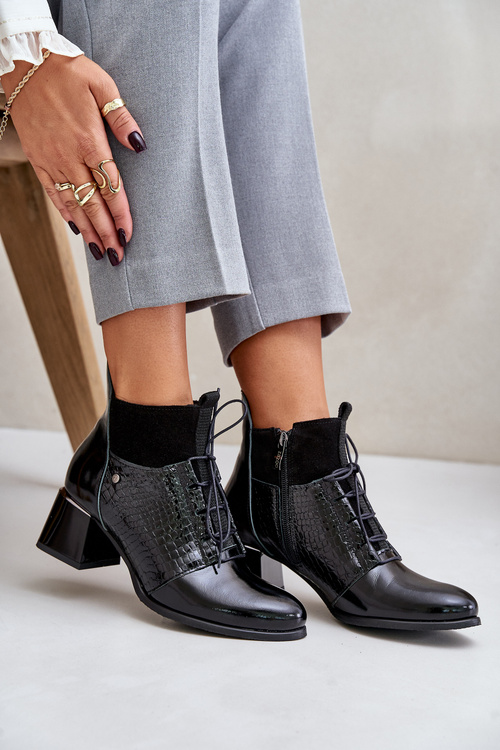 Zazoo 60503 Skórzane Botki Na Obcasie Ocieplane Czarne