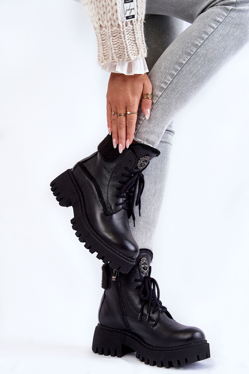 Damskie Skórzane Trapery Botki Czarne Lemar Vergo