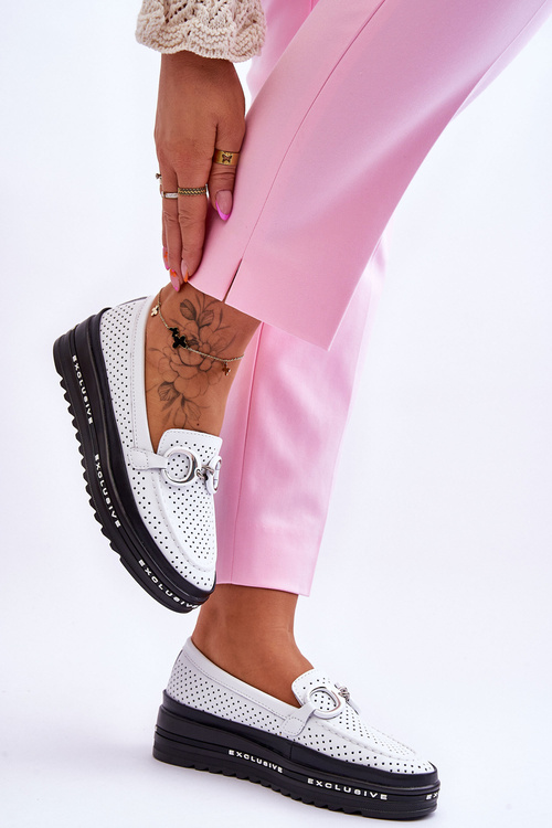 Klasyczne Skórzane Ażurowe Mokasyny Z Ozdobą Białe Rendy