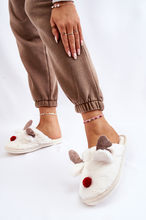 Damskie Papcie Z Futerkiem I Reniferem Kremowe Sopya