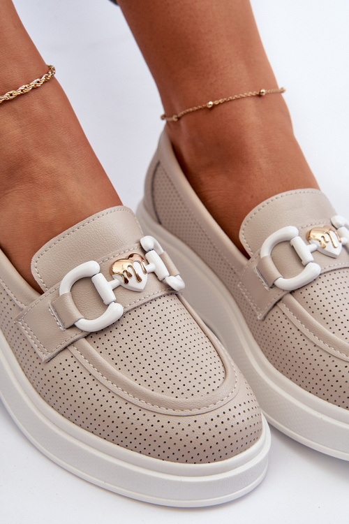 Skórzane Mokasyny Damskie Na Platformie Beżowe S.Barski LR720