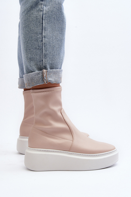 Zazoo 3395 Skórzane Botki Damskie Na Masywnej Platformie Beżowe