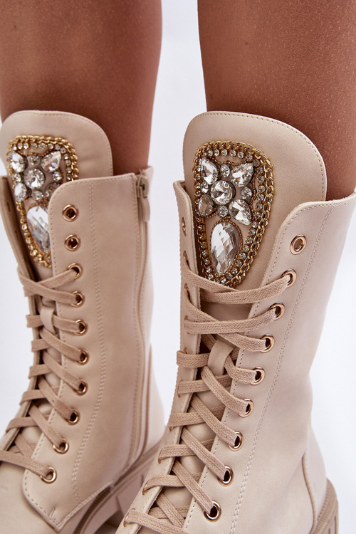 Skórzane Botki Workery Z Biżuteryjną Ozdobą Beżowe Marx