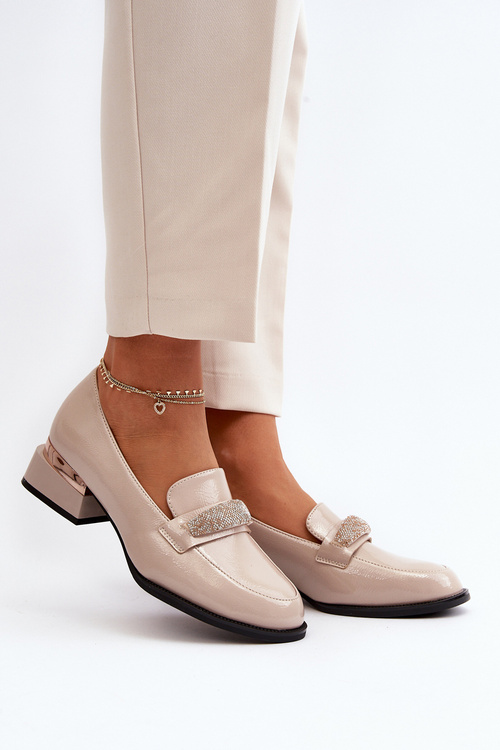 Damskie Półbuty Lakierowane Na Niskim Obcasie Beżowe Marilni