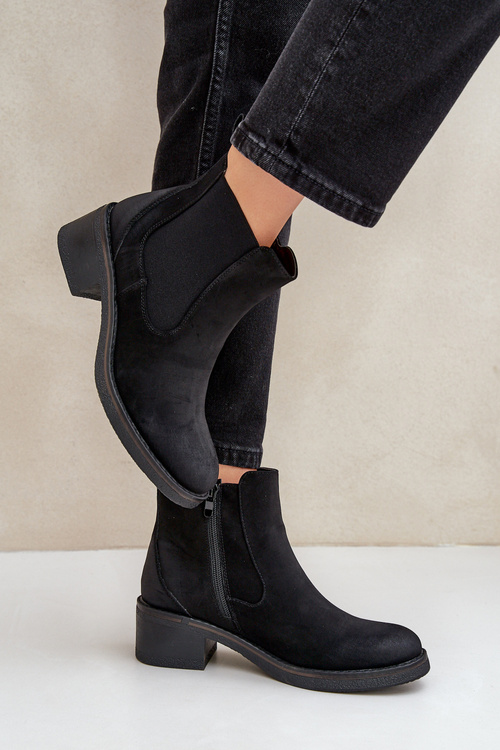 Botki Damskie Sztyblety Ocieplane Niski Obcas Zamek Czarne Savalindra