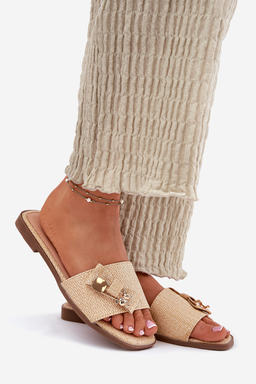 Klapki Damskie Na Płaskim Obcasie Z Kokardą Beżowe Sallariela