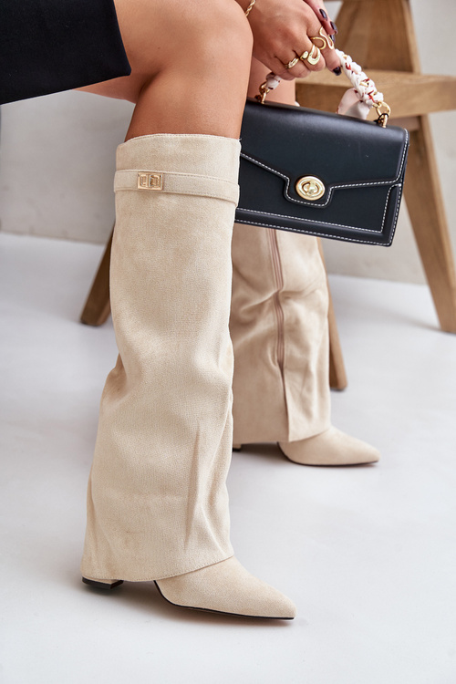 Kozaki Na Słupku Z Wywiniętą Cholewką Ocieplane Jasnobeżowe Urelli