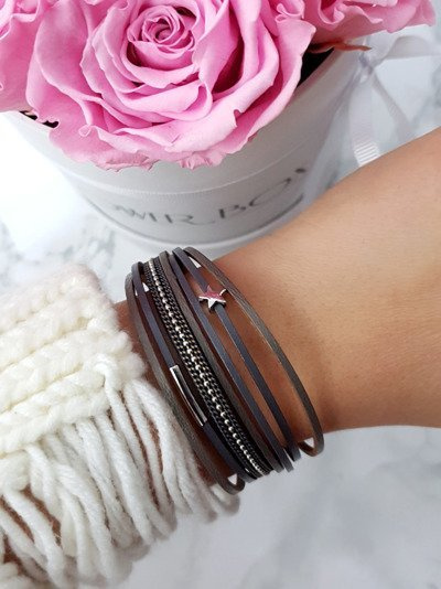 Damska Bransoleta Rzemień Szara Gwiazdka Michiko