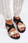 Sandały Damskie Płaskie Z Elastycznymi Paskami Czarno-Złote Marinea