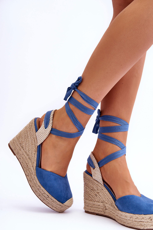 Wiązane Sandały Na Wysokim Koturnie Niebieskie Lendy